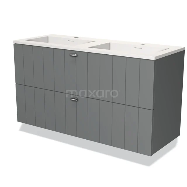 Grijze dubbele wastafelmeubel met verticale lijnen, keramische wasbakken en soft-close laden, ideaal voor moderne badkamers.