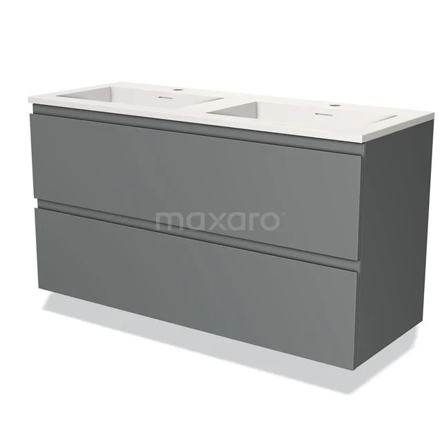 Grijze badkamermeubelset met dubbele wastafel, modern design, zacht-sluitende lades en strak matte afwerking.