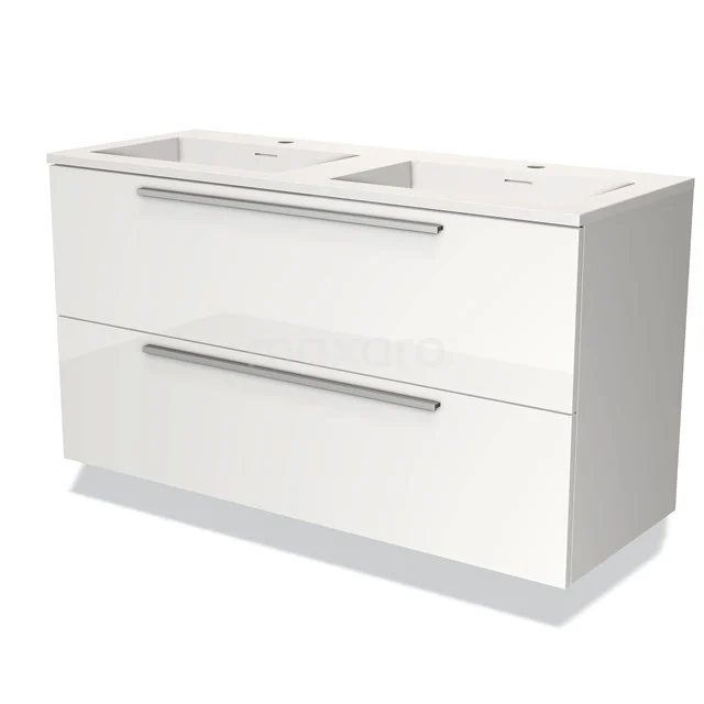 Witte badkamermeubelset met dubbele wastafel, strakke metalen handgrepen en modern design, ideaal voor een stijlvolle badkamer.