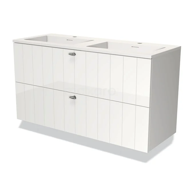 Wit modern badkamermeubel met dubbele wastafel, greeploze lades en houtnerf-design, ideaal voor stijlvolle badkameropruiming.