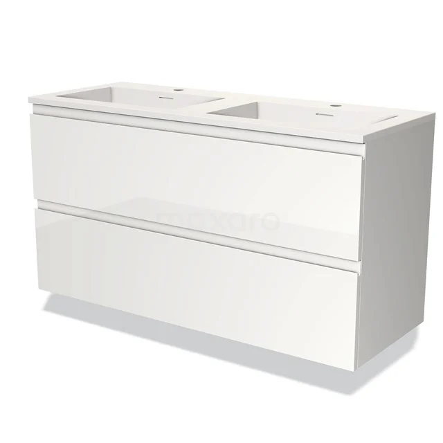 Wit dubbel wastafelmeubel met minimalistisch design, twee lades en strak afwerking, perfect voor moderne badkamers.