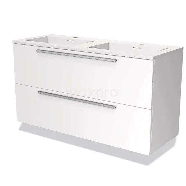 White double basin base cabinet, minimalist design, two wide drawers with metal handles, ideal for modern bathrooms.