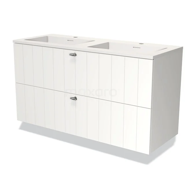White bathroom unit with double sink, sleek design, two drawers and subtle handles, ideal for modern bathrooms.