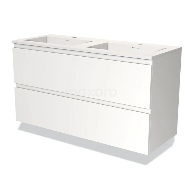 Witte dubbele wastafelmeubel met twee lades, modern design, ideaal voor een stijlvolle en georganiseerde badkamer.