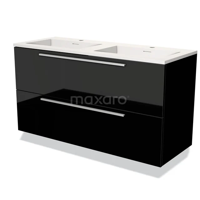 Zwarte wastafelmeubel met dubbele wasbak, glanzende finish, moderne uitstraling, perfecte aanvulling voor elke badkamer.