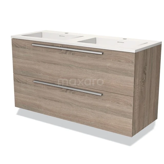 Houten badkamermeubel met dubbele wastafel, modern design, lade met metalen grepen, ideaal voor opbergen in de badkamer.