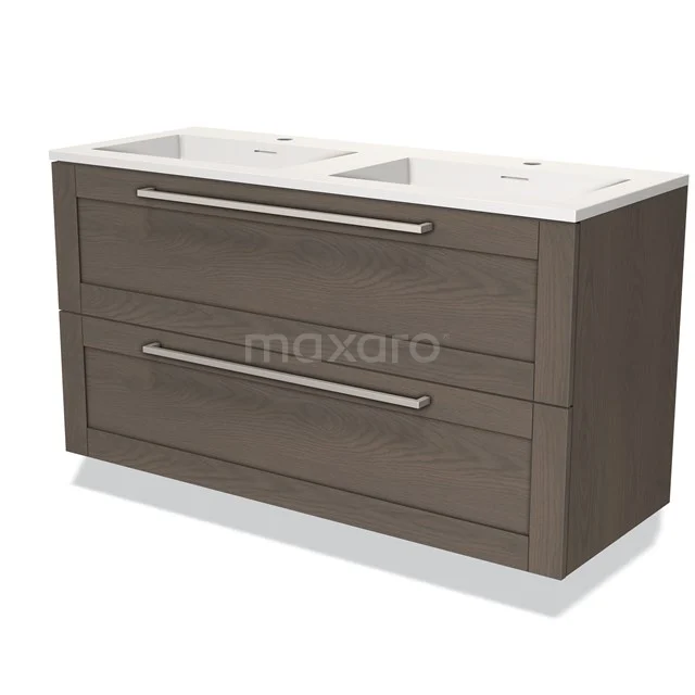 Houten badkamermeubel met dubbele wastafel, donkerbruin, moderne stijl, twee brede lades met metalen handgrepen.