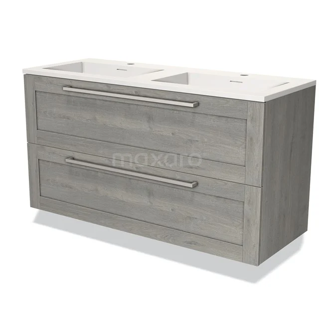 Graues Holz-Badmöbel mit Doppelwaschbecken, schlankes Design, zwei geräumige Schubladen und modernen Metall-Haltegriffen.