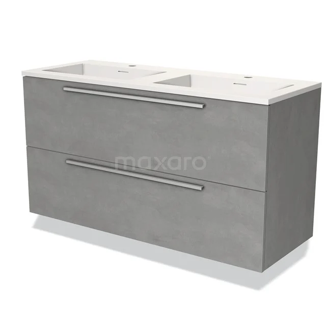 Grijze dubbele wastafelmeubel met lades en witte keramische spoelbak, ideaal voor een moderne badkamer inrichting.