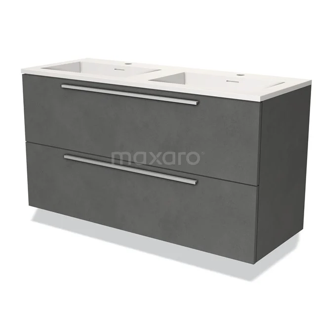Graues Doppelwaschbeckenmöbel mit zwei Schubladen, schlankes Design und keramischen Waschbecken, ideal für ein modernes Badezimmer.