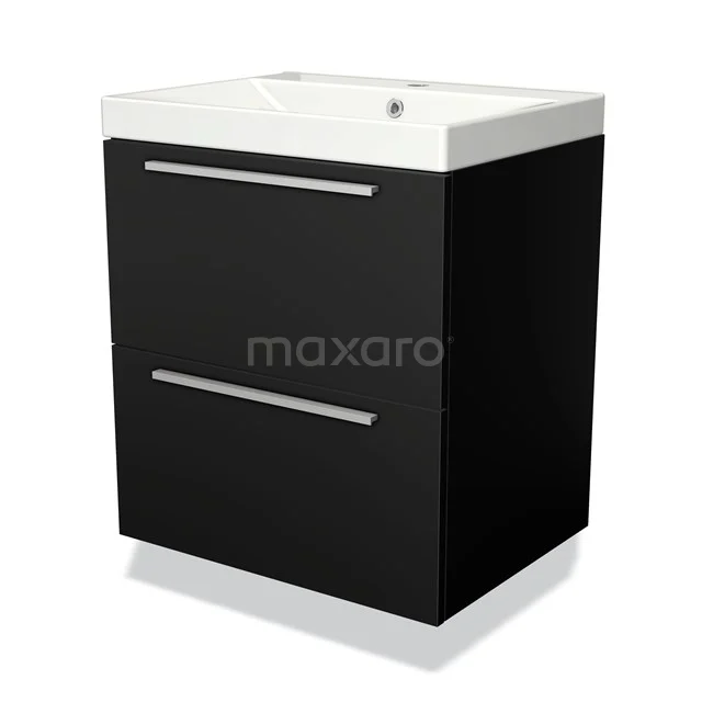 Zwart badkamermeubel met witte wastafel, twee lades en strak ontwerp, ideaal voor moderne badkamerinrichting.
