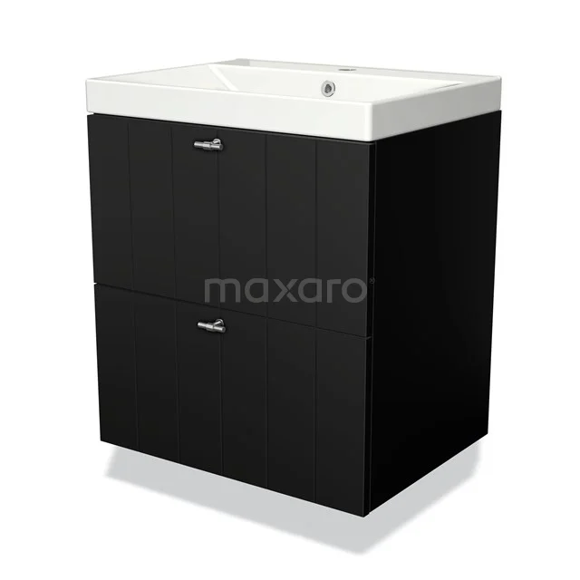 Zwart badkamermeubel met wit keramische wastafel, twee lades en een strak modern design voor optimale opbergruimte.