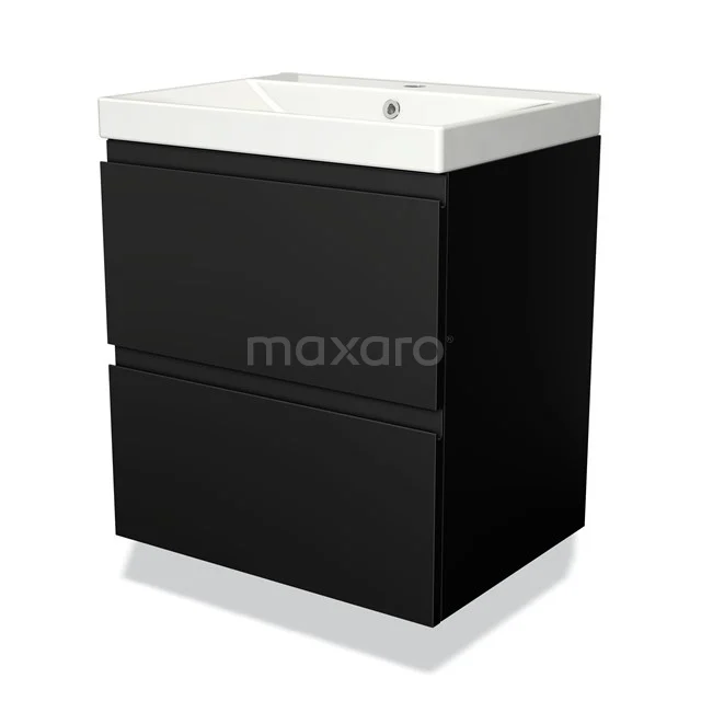 Black vanity unit with double drawers, including white ceramic sink. Modern design, perfect for small bathrooms.