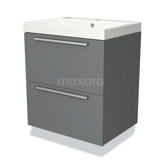 Grijze badkamerkast met twee lades, strak design, keramische wastafel en modern stijlvol model, perfect voor elke badkamer.