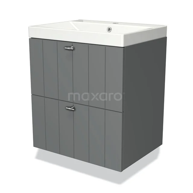 Grijze badkamerkast met houtlook, witte wastafel en twee lades; compact ontwerp, ideaal voor moderne badkameropslag.