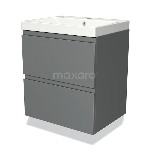 Grijze wastafelonderkast met twee lades, keramische witte wastafel, modern design voor stijlvolle badkameropslag.