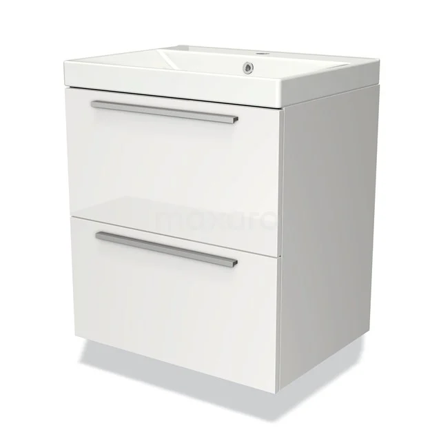 Weißes Hochglanz-Badmöbel mit zwei geräumigen Schubladen und integriertem Waschbecken, ideal für moderne Badezimmer.