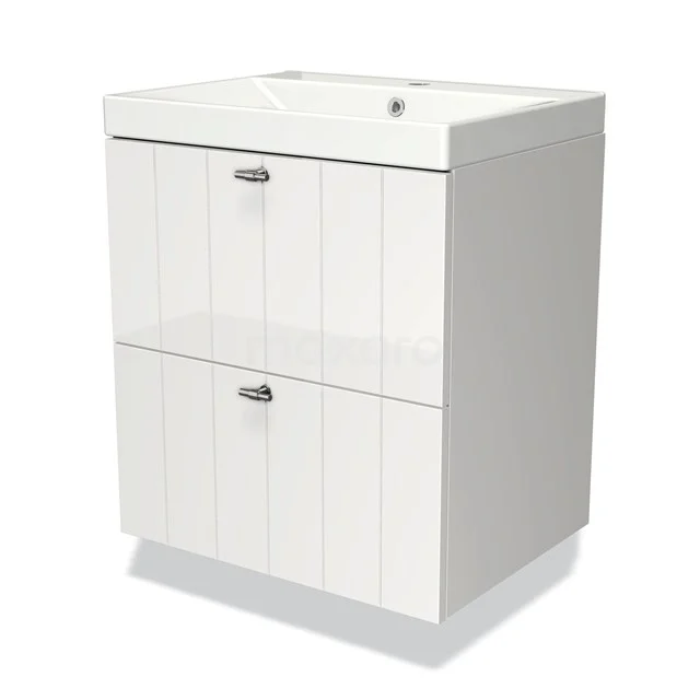 White, standing bathroom unit with two drawers and horizontal grooves; modern design, ideal for bathroom storage.