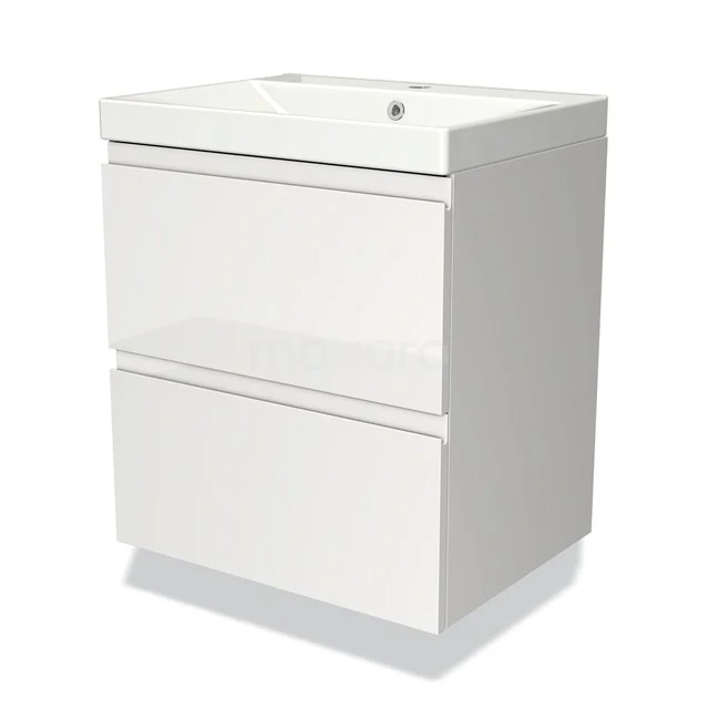 White bathroom cabinet with two drawers, glossy finish and integrated basin, compact design for modern bathrooms.