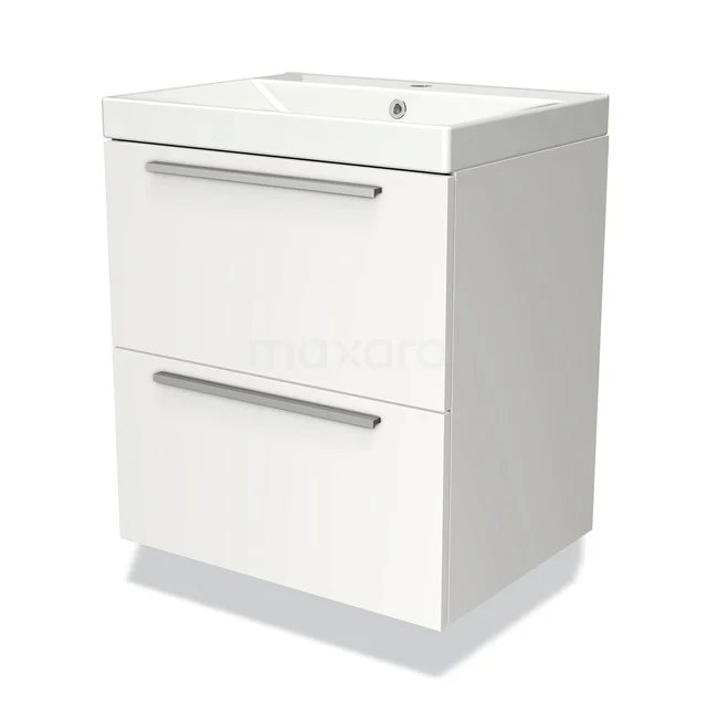 Witte badkamerkast met twee lades en chroomgrepen, modern design, ideaal voor opbergruimte in een kleinere badkamer.