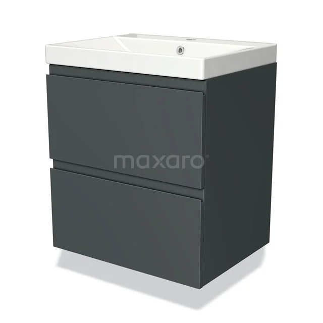 Dark grey bathroom furniture set with two drawers and a white ceramic basin, ideal for modern bathroom design.