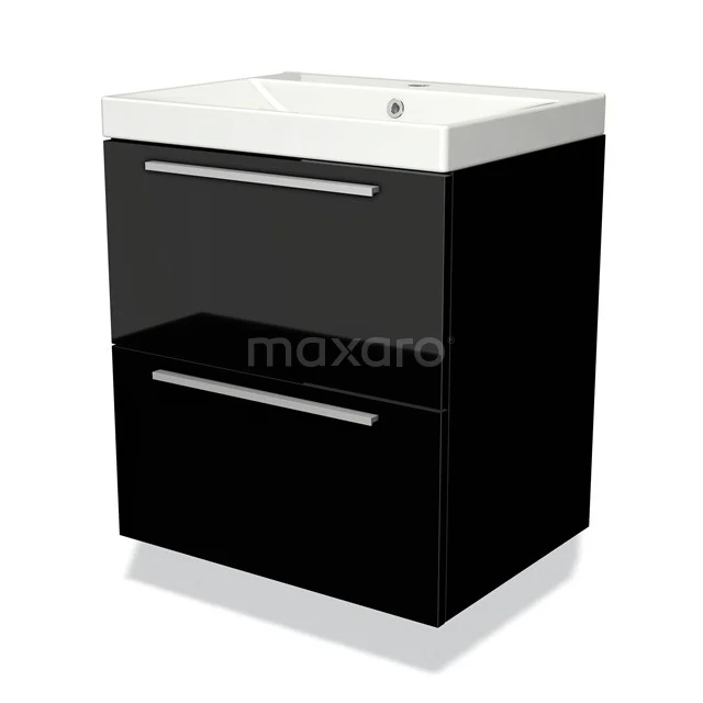 Zwarte badkamerkast met glanzende afwerking, twee lades en een witte wastafel; modern design met chroom accenten.