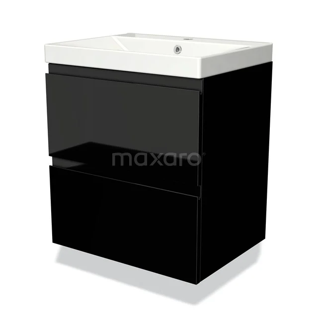 Black bathroom cabinet with white basin, modern high-gloss finish, 2 drawers, ideal for stylish bathroom storage.