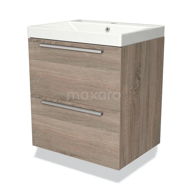 Houten badkamermeubel met twee lades en witte keramische wasbak, modern design voor stijlvolle badkamerinrichting.