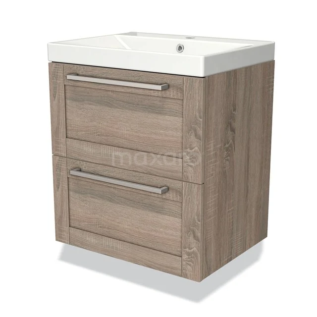 Moderne houten badkamermeubel met twee lades, wit keramisch wastafelblad en strak design, perfect voor compacte badkamers.