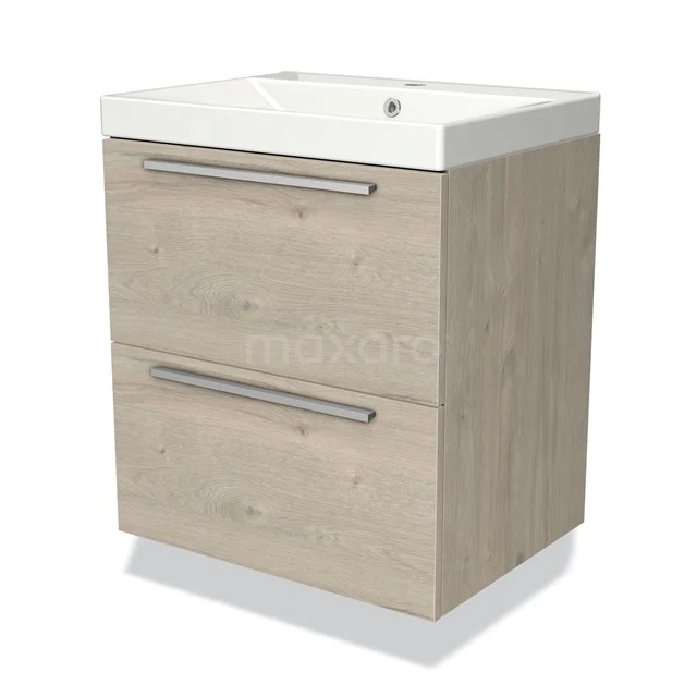 Houten badkamermeubel met twee lades, licht eiken afwerking en witte wastafel, ideaal voor een stijlvolle badkamerupgrade.