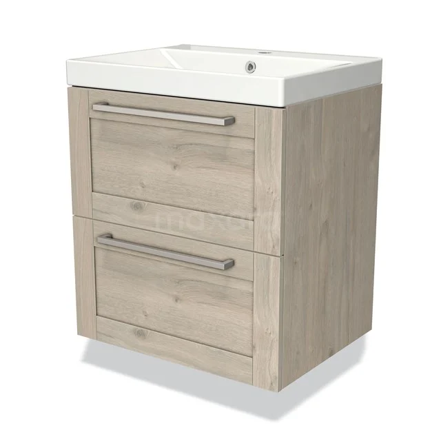 Houten badkamermeubel met twee lades en witte wastafel, modern design, ideaal voor stijlvolle badkameropslag.