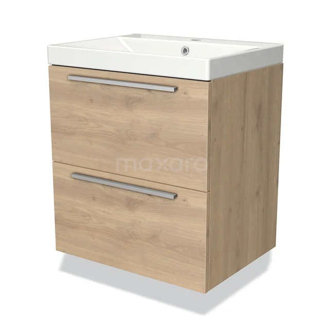 Holz-Badmöbel mit Waschbecken, modernes Design, helle Eichefarbe, zwei Schubladen mit Metallgriffen, kompakt und stilvoll.