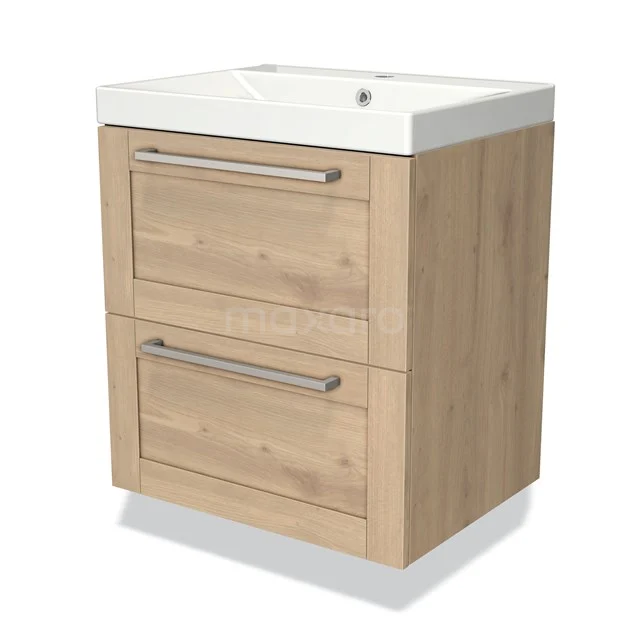 Houten badkamermeubel met twee lades en geïntegreerde witte wastafel, modern design, ideaal voor compacte badkamers.