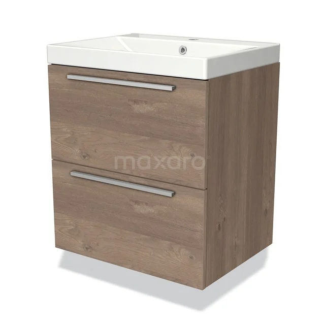 Modulo Vanity units with basin | 60 cm Mid brown oak Flat front Ceramic 2 Stacked drawers BMW17-02948