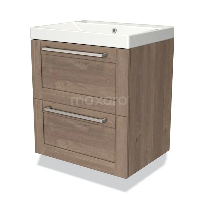 Houten badkamermeubel met twee lades en wit keramische wastafel, geschikt voor moderne badkamerinrichting.