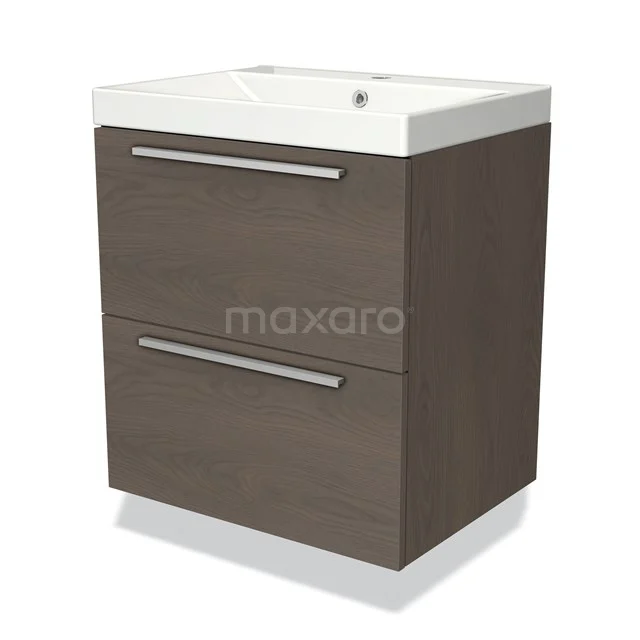Bathroom unit wood-look with white vanity units with basin, 2 drawers with metal handles, modern design, ideal for compact bathrooms.