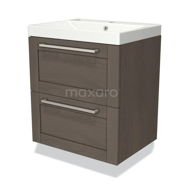 Brown wooden vanity set with two drawers and white ceramic basin worktop, ideal for a modern bathroom.