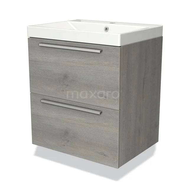 Grey wooden Bathroom unit with two drawers, white vanity units with basin and metal handles, ideal for modern bathrooms.
