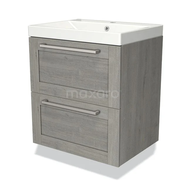Moderne grijze houten badkamermeubel met twee lades en een witte keramische wastafel, ideaal voor compacte badkamers.