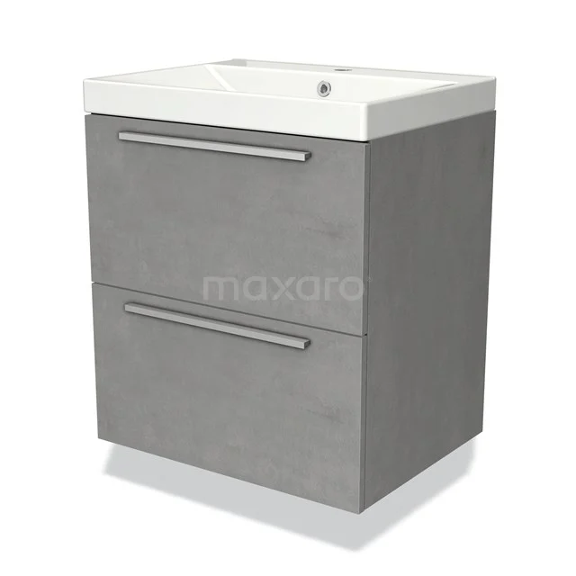Grijze badkamermeubel met keramische wastafel, twee lades en een modern design; ideaal voor compacte badkamers.