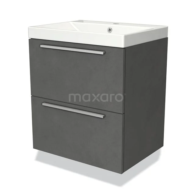 Grijze badkamerkast met twee lades, witte keramische wastafel en strakke handgrepen, ideaal voor moderne badkamers.