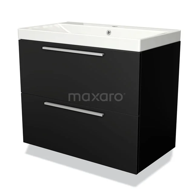 Zwart badkamermeubel met witte keramische wastafel, tweeladesysteem en strak design. Perfect voor moderne badkamers.