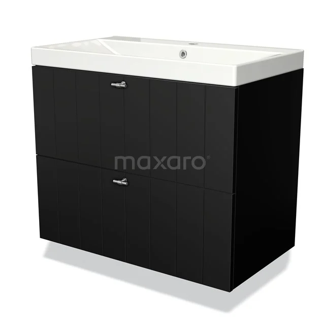 Zwarte badkamermeubelset met twee ladefronten en witte keramische wastafel, modern design voor stijlvolle badkamers.