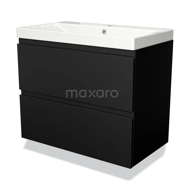 Black bathroom cabinet with two drawers, white ceramic basin, sleek design, ideal for modern bathroom spaces.