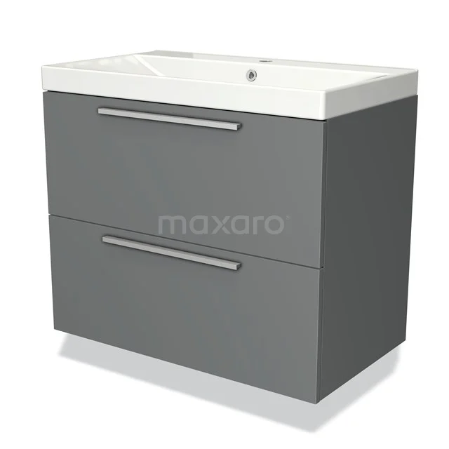 Grijze badmeubelset met twee lades, strakke handgrepen en een witte keramische wastafel, perfect voor moderne badkamers.