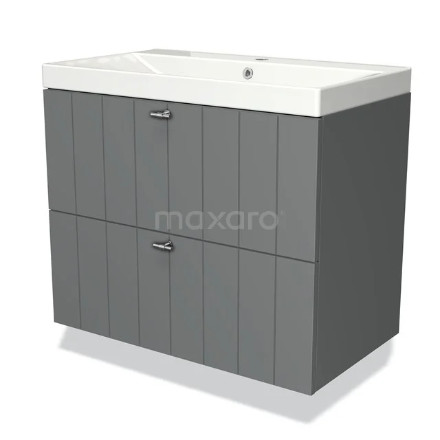 Grey bathroom furniture set with vertical lines, two drawers and ceramic basin, modern design for stylish bathrooms.