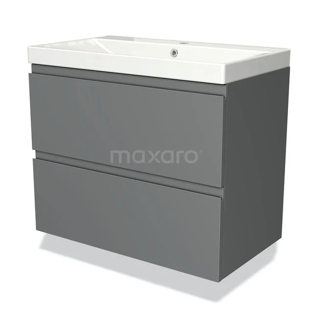 Grijs badkamermeubel met 2 lades en witte keramische wastafel, strak design voor moderne badkamers.