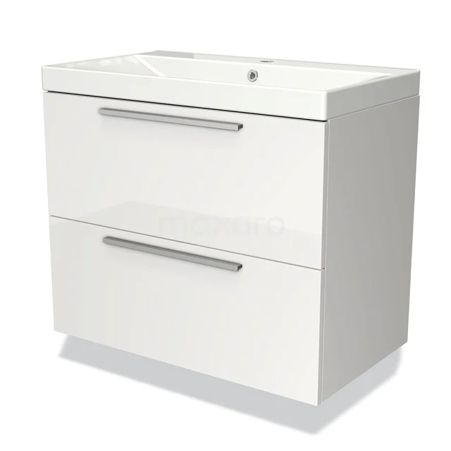 Badmöbel 80cm Modulo Hochglanz Weiß 2 Schubladen Flaches Waschbecken Keramik BMW17-02962 Weiße Badmöbel mit keramischem Waschbecken, zwei Softclose-Schubladen und modernen silberfarbenen Haltegriffen, ideal für jedes Badezimmer.
