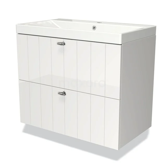 Wit badkamermeubel met een glanzende wastafel, twee greeploze lades en een strak paneeldesign.
