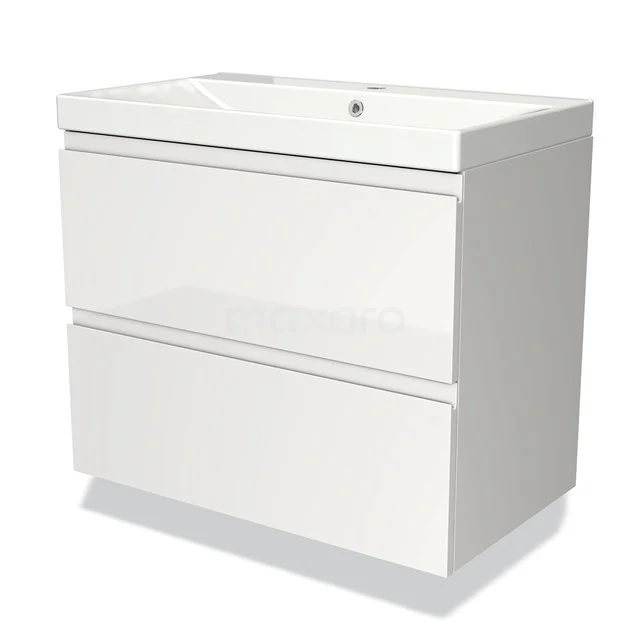 Weißes Badezimmermöbel mit zwei Soft-Close-Schubladen und einem integrierten Waschbecken, modernes Design aus hochglanz MDF.